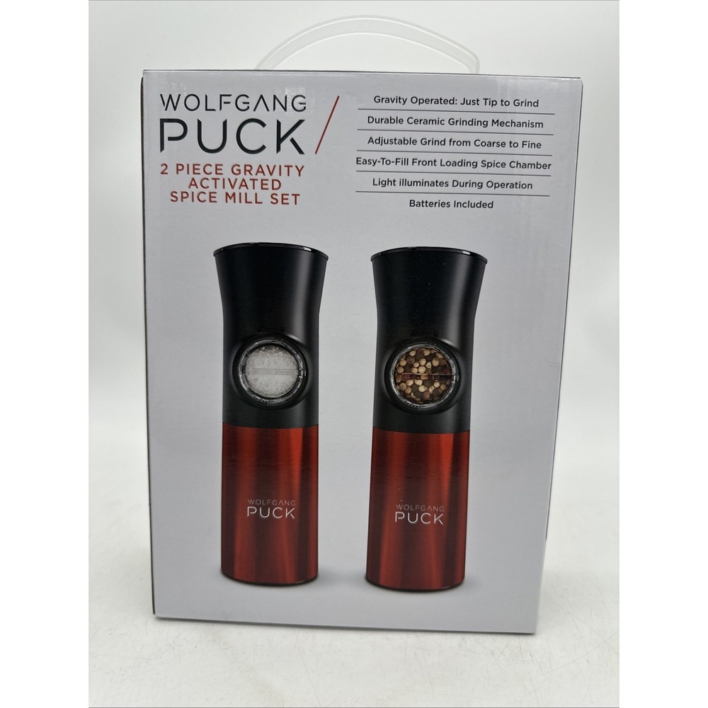 Wolfgang Puck Gravity Spice Mill Set 2pc Battery Powered Red Black Ceramic Metal